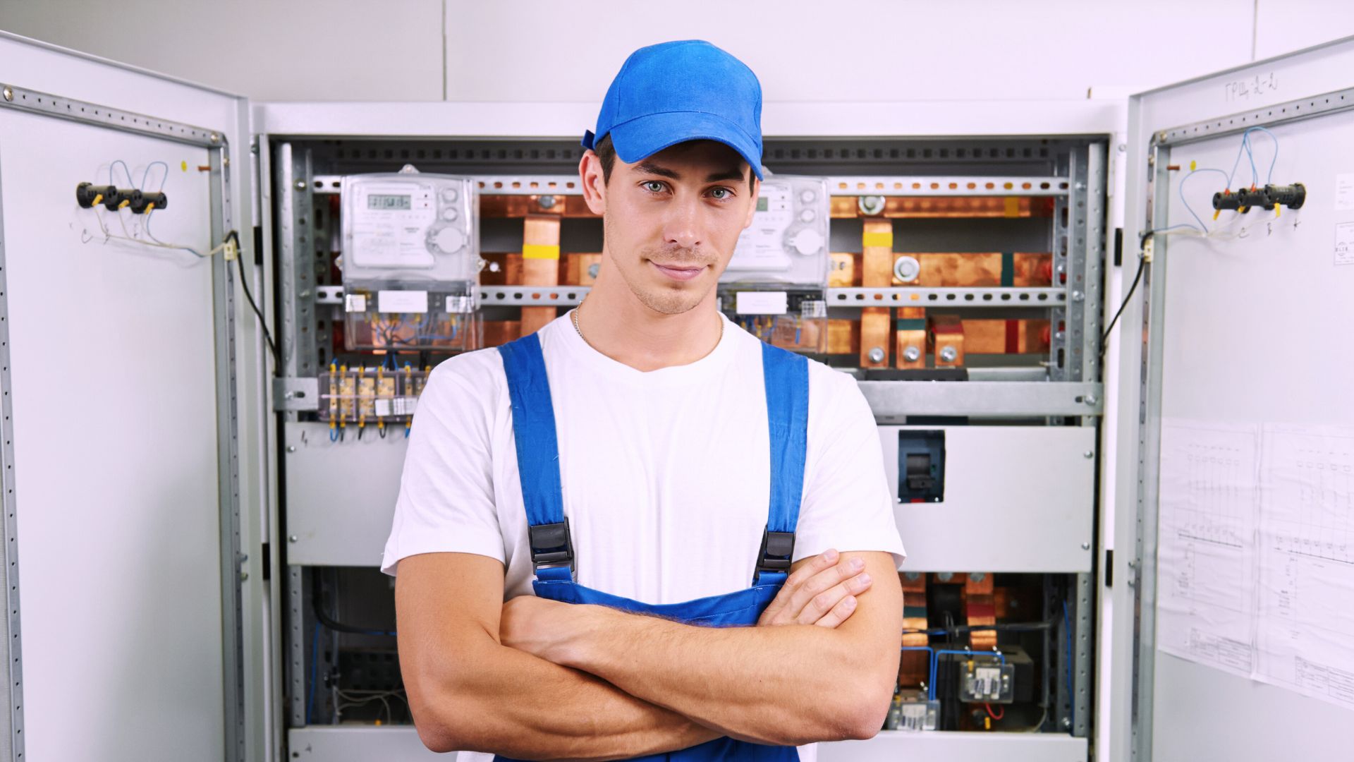 Freundliche:r Mitarbeiter:in des Unternehmens in Arbeitskleidung, lächelnd in die Kamera blickend